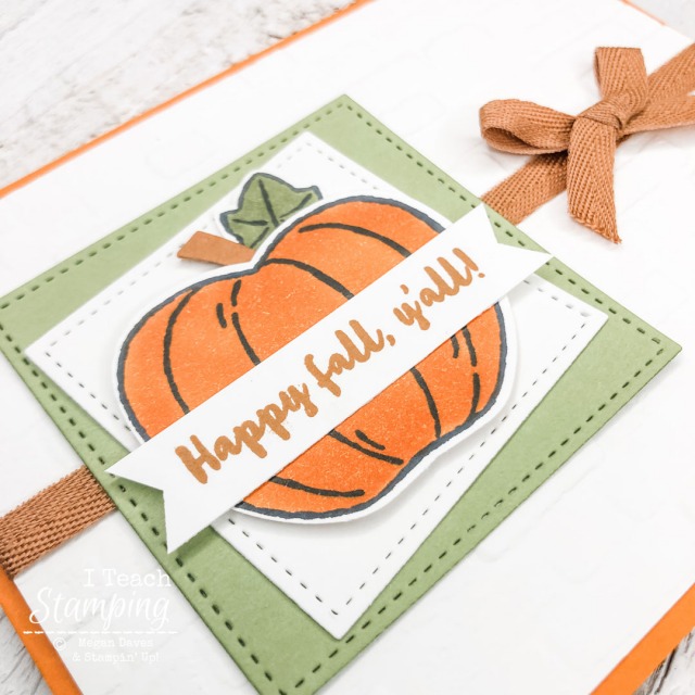 one of my simple handmade fall cards featuring layered panels and a handstamped pumpkin