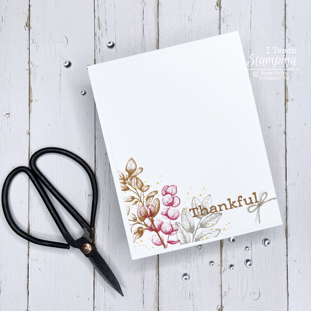 DIY thank you cards featuring hand stamped foliage in a cozy color combination of red, brown and gray