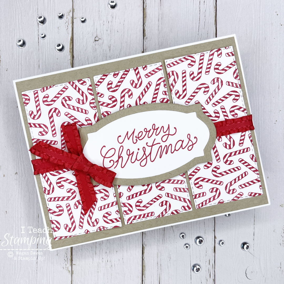 a quick and easy candy cane Christmas card with a triple panel background, simple layered greeting and a pretty red bow