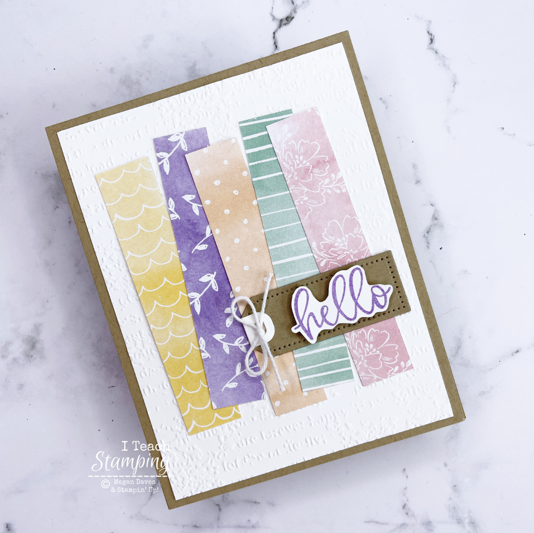 a five minute handmade card made using minimal supplies from Stampin' Up! and strips of leftover patterned paper for to make the background